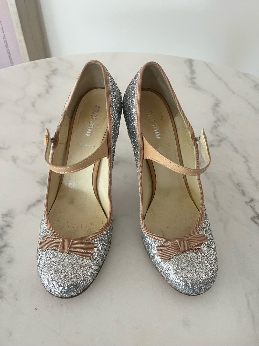 Miu Miu Silver Glitter Mary Jane Pumps — Size 38 / US 8 — Rubber Sole Added